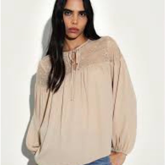 NAIF Tops - Anthropologie NAIF Beige Boho Lace-Yoke Peasant Blouse
